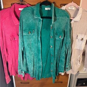 Zenana Outfitters Waffle Knit Button-Down Shirt - Vibrant Trio